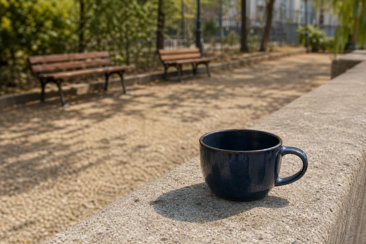 Tasse de café vide posée sur un muret de pierre au bord d&rsquo;une allée de square