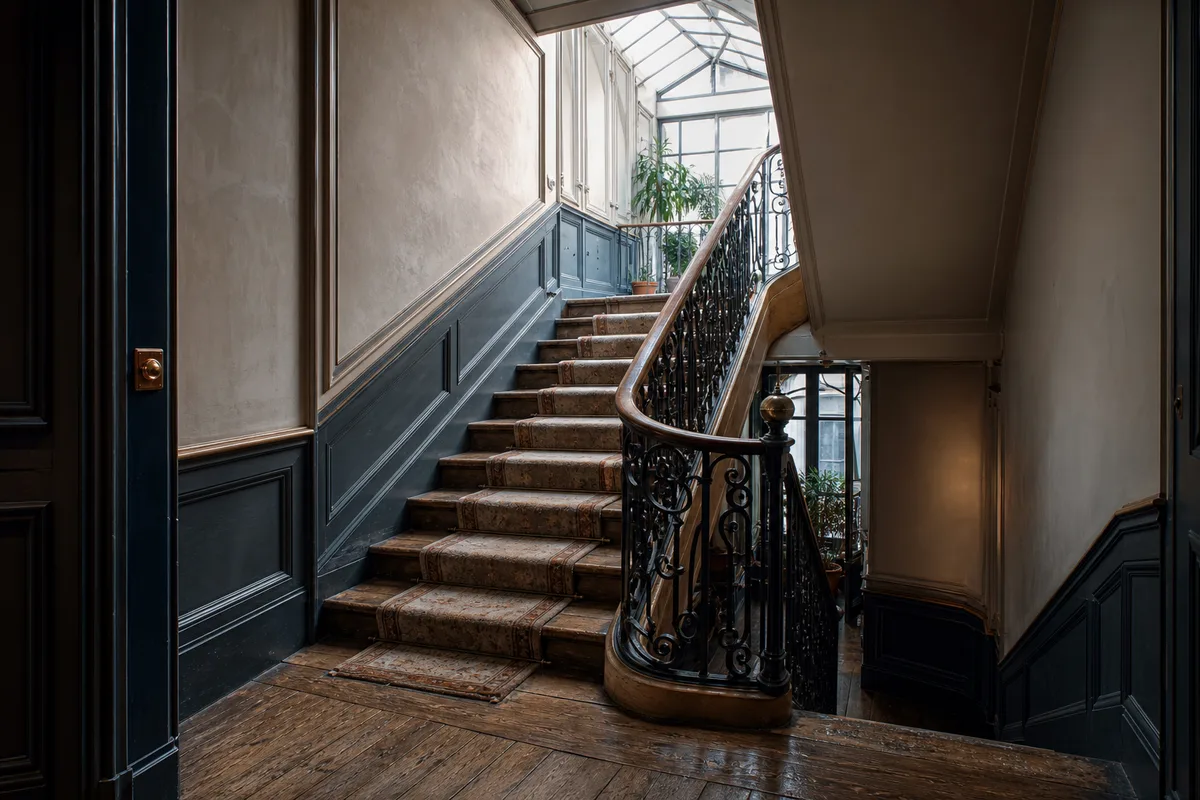 Cage d&rsquo;escalier en bois d&rsquo;un immeuble parisien vue depuis un palier, rampe de fer forgé