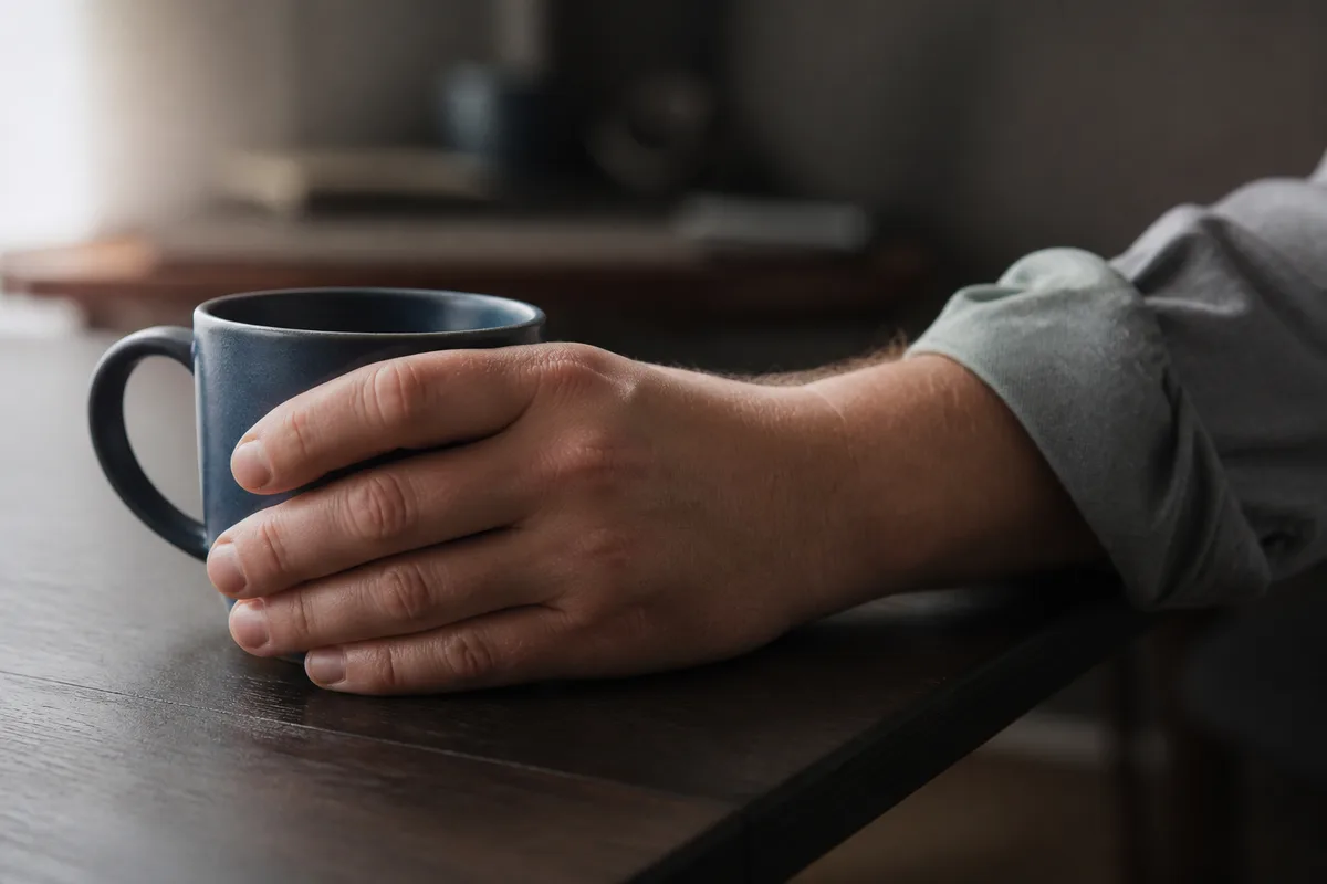 Une main refermée autour d&rsquo;une tasse de céramique bleu nuit au bord d&rsquo;un bureau de bois