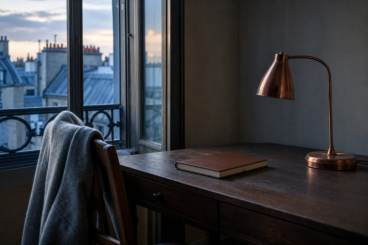Bureau de bois vu de côté devant une fenêtre entrouverte, veste de laine posée sur le dossier d&rsquo;une chaise