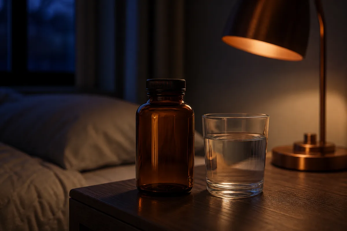 Flacon de verre ambré lisse et verre d&rsquo;eau sur une table de chevet en bois au crépuscule