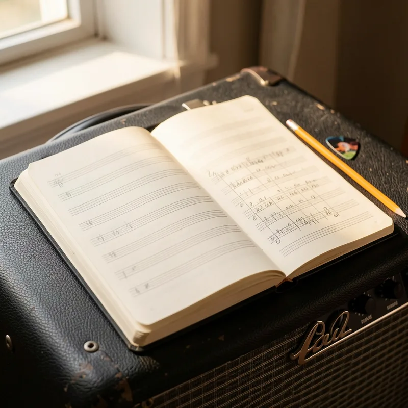 Cahier de musique ouvert sur une grille d accords manuscrite posee sur un ampli de guitare