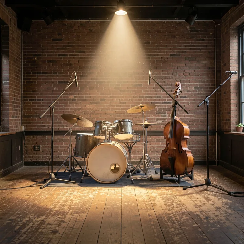 Batterie et contrebasse installees sur la petite scene d un club de blues vide