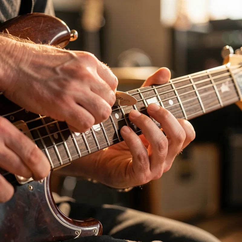 Mains en gros plan sur un manche de guitare electrique sous une lumiere chaude de repetition