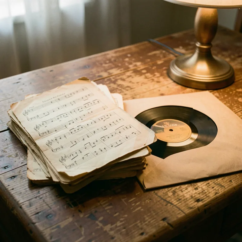 Partitions anciennes jaunies et disque 78 tours poses sur une table en bois