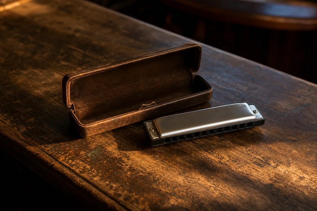 Harmonica diatonique dix trous posé sur un comptoir en bois pour débuter le blues