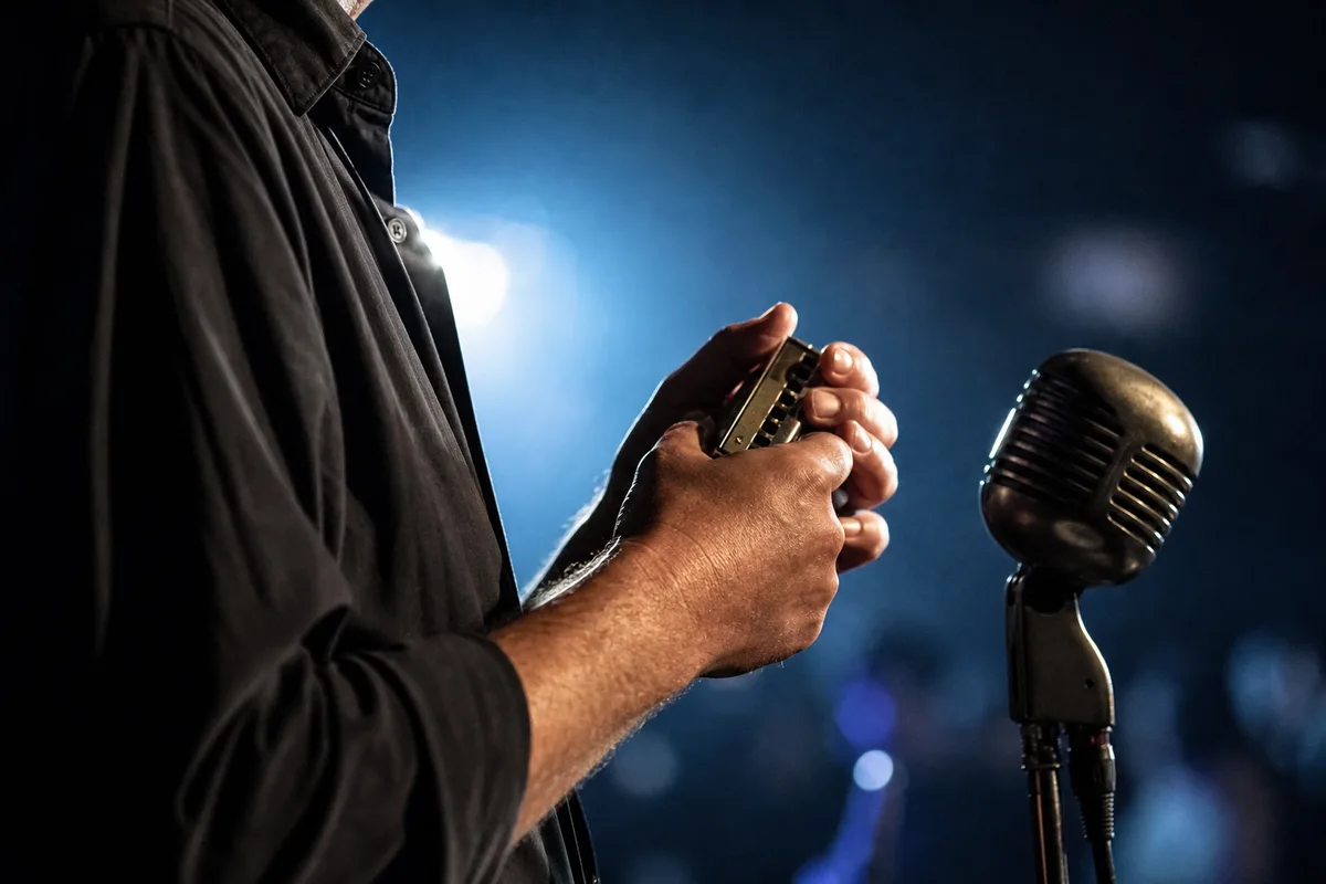 Mains en coupe autour d un harmonica devant un micro de scène vintage