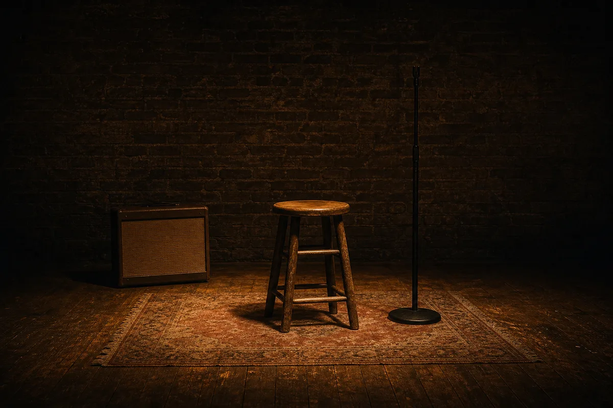 Scène de club de blues vide avec un tabouret et un petit ampli sous une lumière chaude