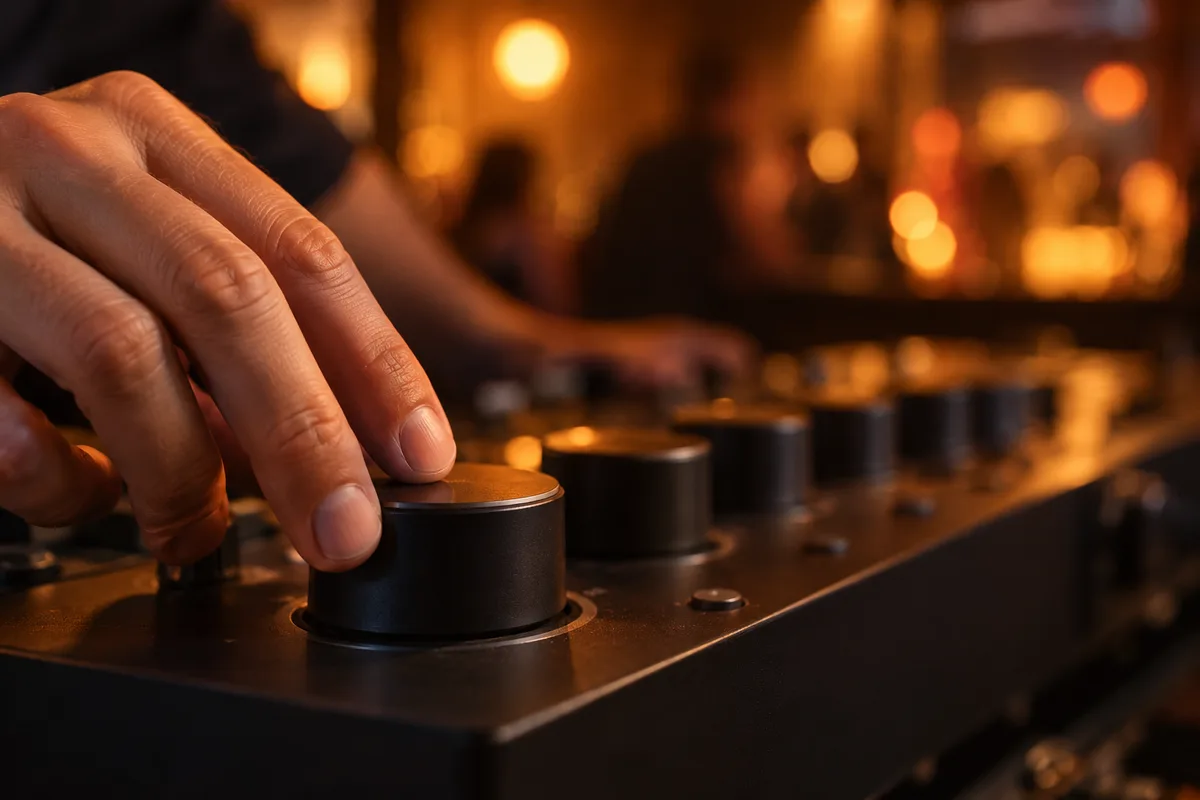 Main sur le bouton rond d’une petite table de mixage noire pendant la balance