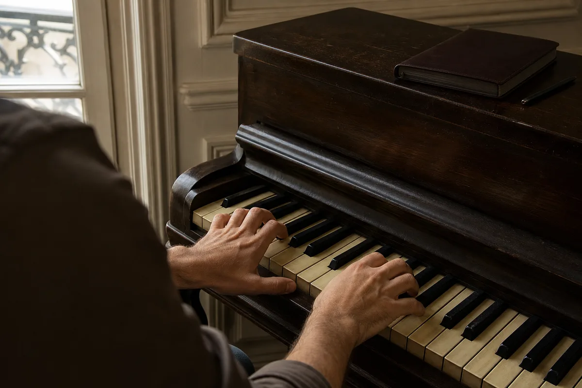 Mains d un pianiste sur les touches graves d un piano droit ancien dans un salon francais