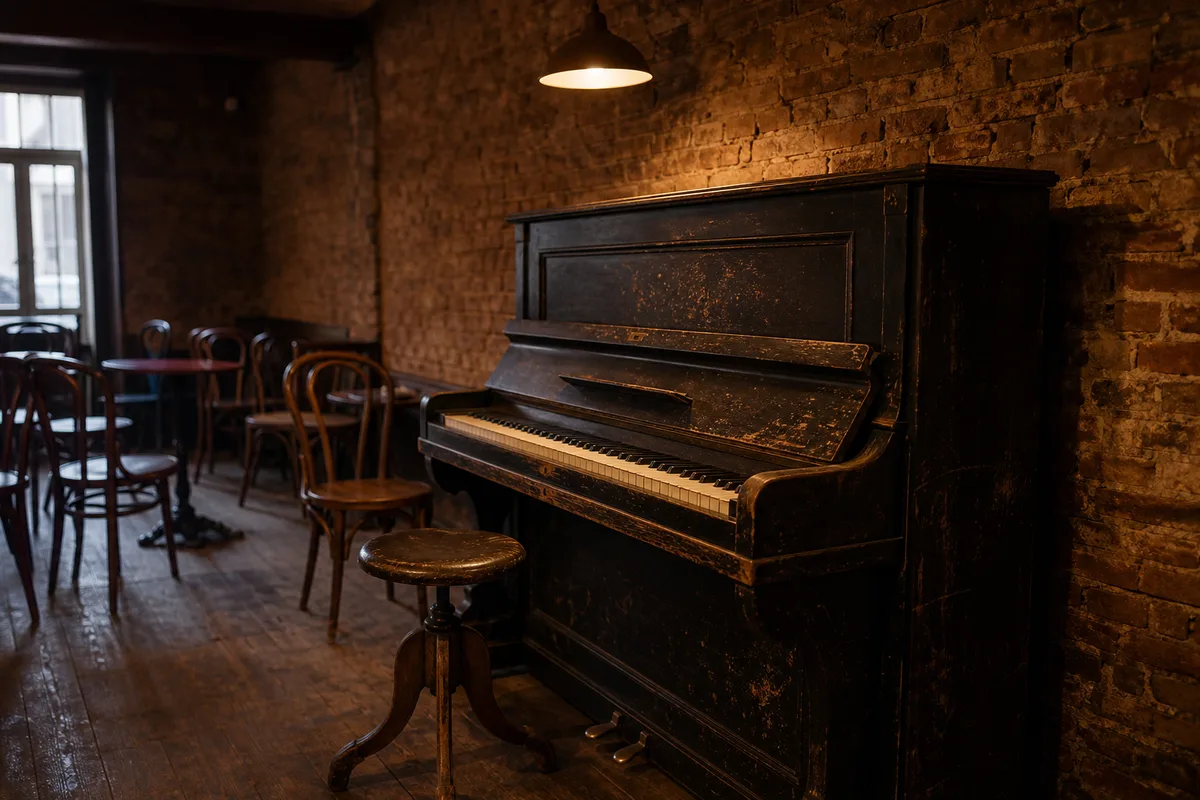 Piano droit et tabouret dans un club de blues vide eclaire par une lampe chaude