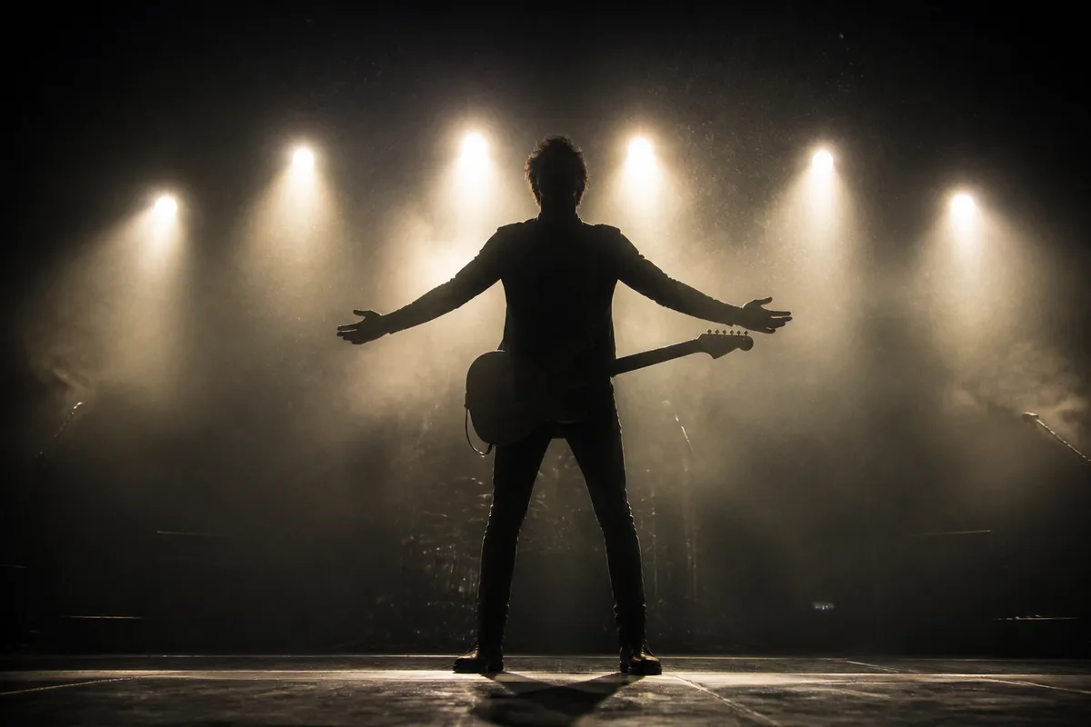 Silhouette de musicien à contre-jour sur une scène de club, bras ouverts, faisceaux de projecteurs