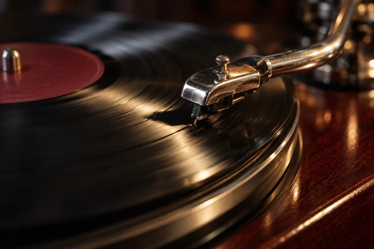 Bras de lecture d&rsquo;une platine ancienne posé sur les sillons noirs d&rsquo;un disque en rotation