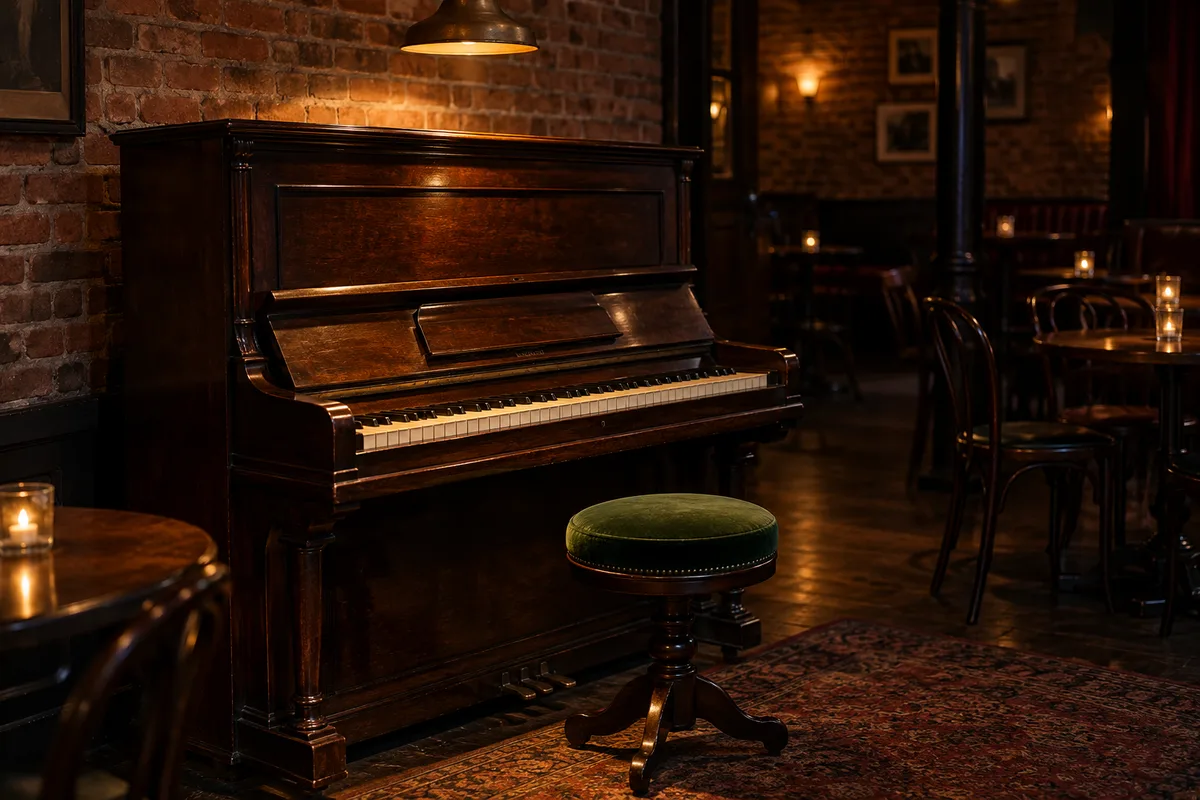 Piano droit ancien en bois sombre dans un club vide, tabouret rond et lumière tamisée