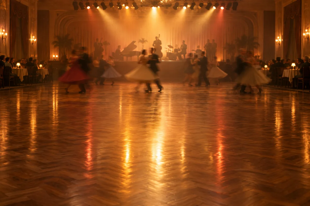 Couples en mouvement sur la piste de danse d&rsquo;un club, silhouettes floues sous une lumière chaude